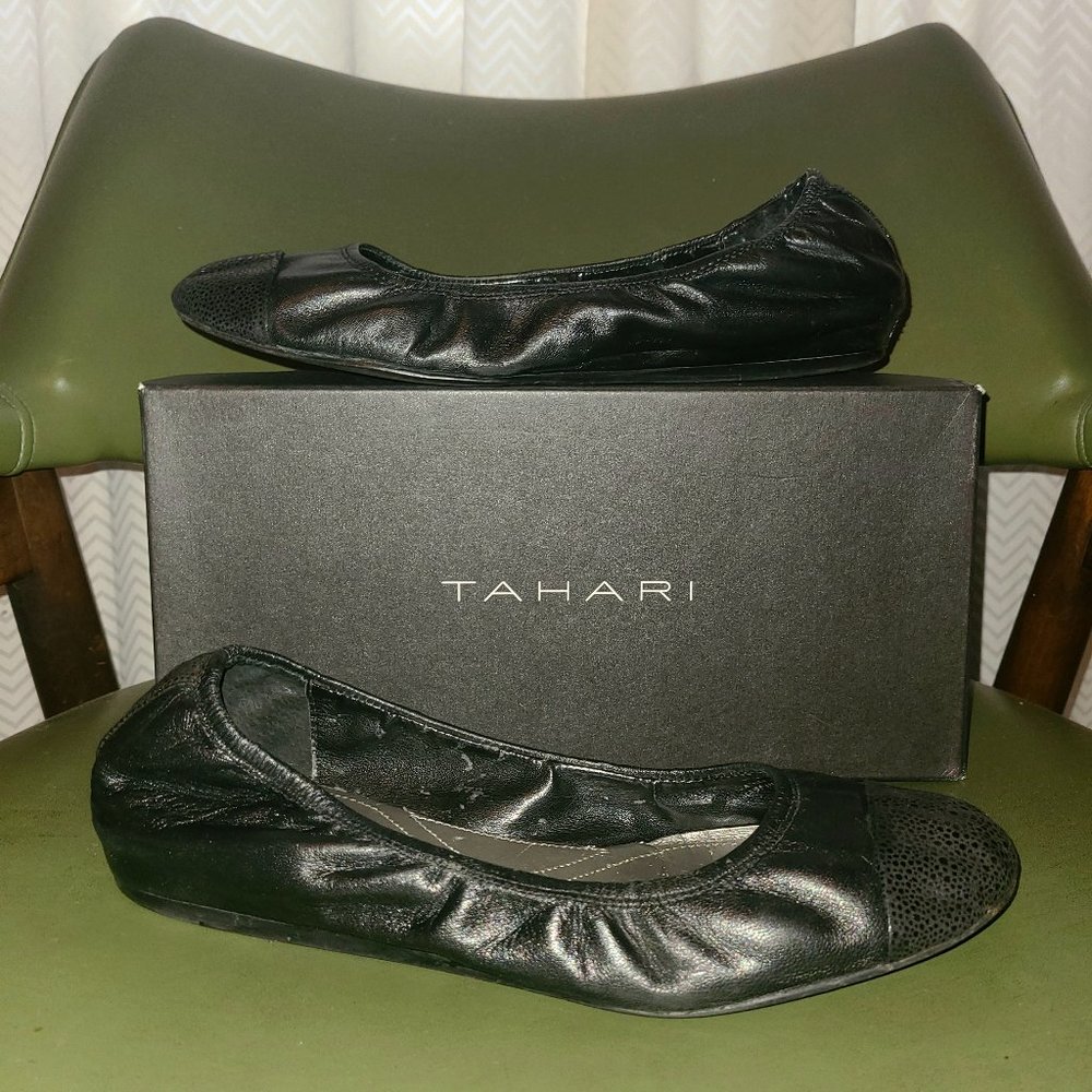Tahari Carly Black Leather Cap Toe Ballet Flat w 3/4" Hidden Wedge